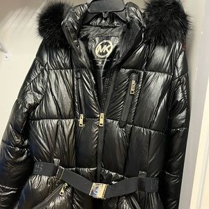 Michael Kors Black Belted Puffer with faux fur